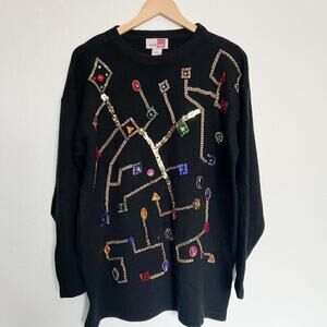Vintage 90's 80's Sheridan Square Black Gem Stone Beaded Black Sweater Medium